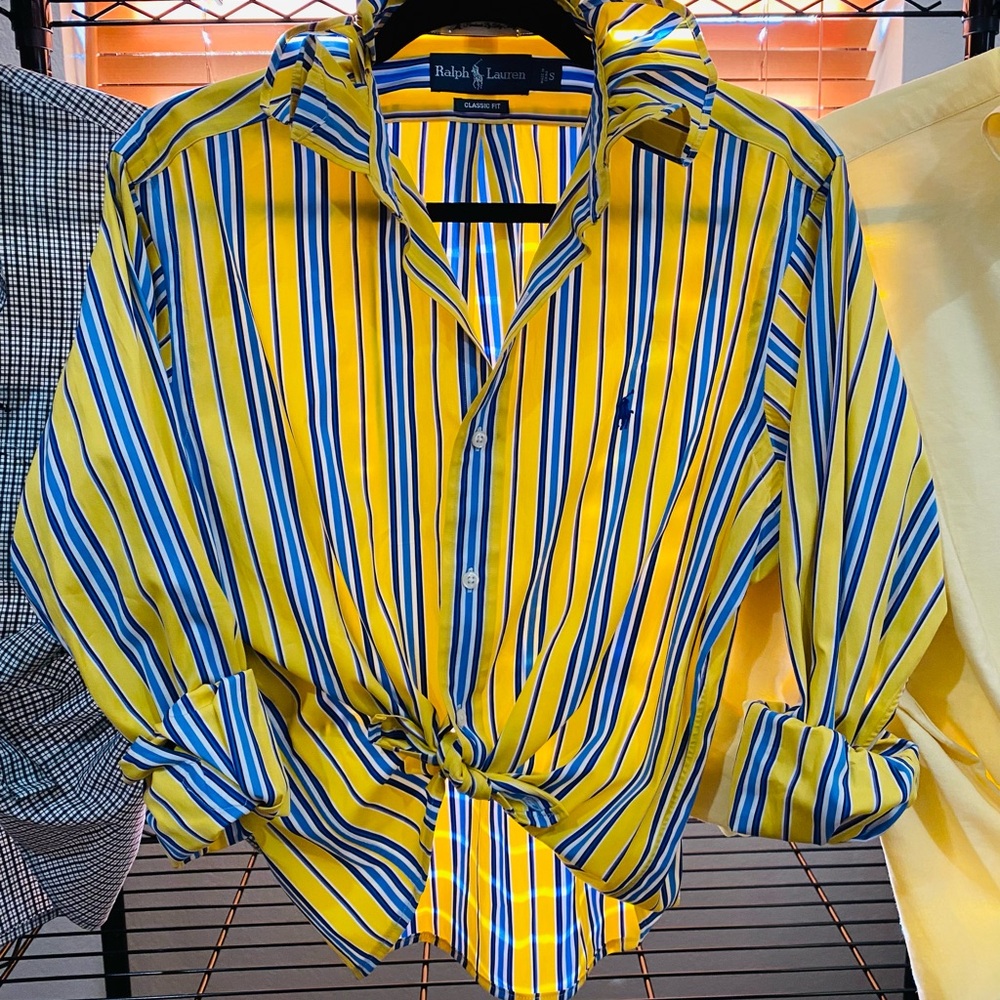 Ralph Lauren Yellow and Blue Striped Button-Up Blouse - Picture 1 of 4